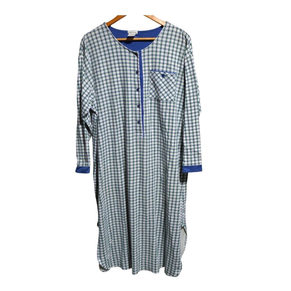 Cuddl Duds Green Blue & White Plaid Nightshirt Size Large